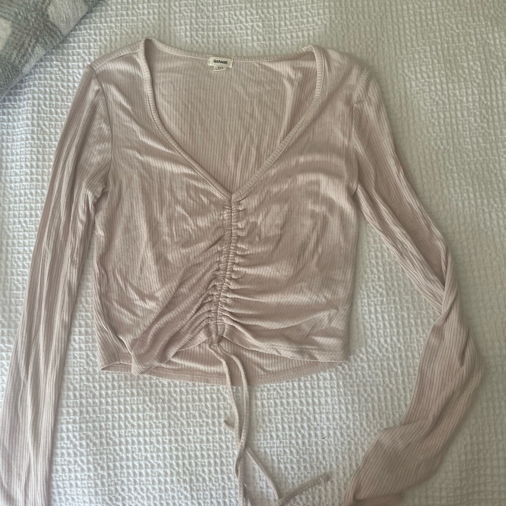 Garage Cream Ruched Crop Blouse with Tie Front